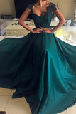 Elegant Beaded Peacock Green V Neck Long Satin Open Back Prom Dresses JS98