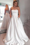 A-Line Satin Strapless Princess Floor-length Beading with Pockets Sleeveless Prom Dresses JS471