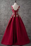 Chic Burgundy Cheap Scoop Long Lace up Satin Sleeveless Prom Dresses JS88