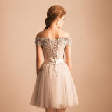 Off-the-Shoulder Lace Short Prom Dress Beading Tulle Cute Lace-up Homecoming Dress JS247