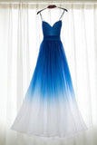 Royal Blue White Ombre Long Bridesmaid Dress A Line Chiffon Prom Dresses