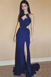 Sexy Royal Blue Chiffon Sleeveless Sweetheart Open Back Split Front Long Prom Dresses JS226