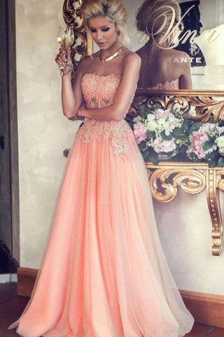 A-Line Strapless Lace Appliqued Floor-length Blush Pink Beaded Tulle Prom Dresses JS313