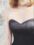 Elegant Black A-line Sweetheart Strapless Tulle Lace Appliques Lace up Prom Dresses JS29