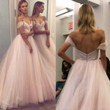 A Line Sweetheart Beaded Off the Shoulder Pink Long Prom Dresses Wedding Dress JS132