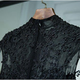 Vintage A Line Chic Long Black Lace Cap Sleeves High Neck Beads Appliques Prom Dresses JS76