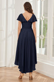 High Low Short Sleeves Bridesmaid Dresses with Pockets