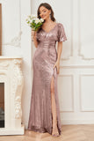 Mermaid Short Sleeves Sequins Bridesmaid Dresses with Slit