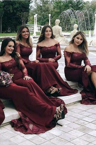 Burgundy Long Sleeves Off the Shoulder Mermaid Cheap Long Bridesmaid Dresses uk JS305