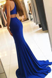 Royal Blue Long Mermaid Open Back Halter Slit Simple Cheap Prom Dresses JS194