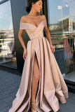 Burgundy Off the Shoulder High Split Satin Prom Dresses Long Cheap Evening Dresses JS647