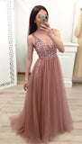 A Line Dusty Rose Long Tulle Prom Dresses Sequins Shiny Bodice V Neck Formal Dress JS425