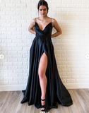 Charming Prom Dress Black Satin Long Evening Dress Formal Gown