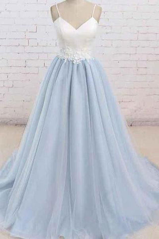 A Line Light Blue Spaghetti Straps Prom Dresses Sweetheart Long Evening Dresses JS602