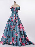 Elegant A-Line Off the Shoulder Sweetheart Lace up Satin with Flowers Prom Dresses UK JS514