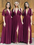 Long Deep V Neck Pleats Dark Red Chiffon Split Bridesmaid Dress Long Prom Dresses JS343