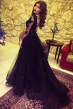 A Line Long Sleeve Slit Black Tulle Lace Appliques Backless Sweetheart Prom Dresses JS38