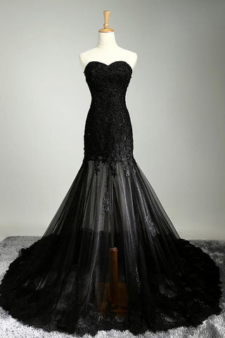 Sexy Black Sweetheart Sheath Tulle Beads Lace Appliques Strapless Long Prom Dresses JS30