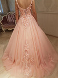 Gorgeous Ball Gown Round Neck Sweetheart Open Back Peach Lace Long Prom Dresses JS134