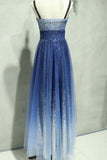 A Line Ombre Spaghetti Straps Tulle Blue Sequins Sweetheart Prom Homecoming Dress JS805