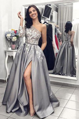 A Line One Long Sleeve Satin Gray Lace Formal Dresses Side Slit Prom Dresses JS306