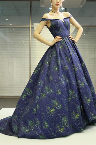 A Line Off the Shoulder Long Navy Blue Prom Dress with Printed Cheap Evening Dresses JS847