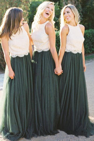 A Line Lace Bodice Tulle Long Round Neck Bridesmaid Dresses