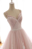 Unique A Line Pink Sweetheart Tulle Spaghetti Straps Long Lace Prom Dress