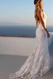 Sexy Backless Off White Mermaid Lace V Neck Wedding Dresses Long