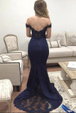 Mermaid Off-the-Shoulder Sweep Train Navy Blue Appliques Satin Prom Dresses JS404