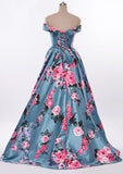 Elegant A-Line Off the Shoulder Sweetheart Lace up Satin with Flowers Prom Dresses UK JS514