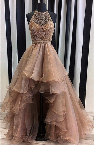 Halter Top Illusion Rhinestone Beaded Hi-Low Tulle Most Popular Long Prom Dresses JS623