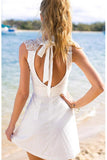 Short Open Back White Appliques Short Stretch Satin Homecoming Dress with Lace JS129