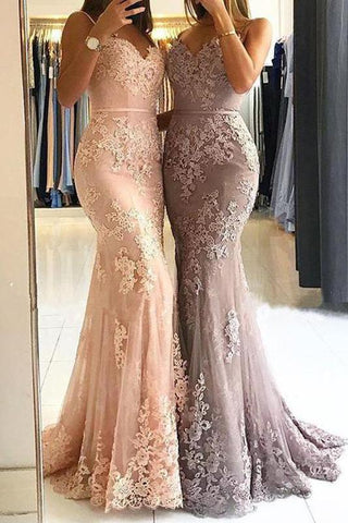 Unique Sweetheart Spaghetti Straps Lace Appliques Mermaid Long Prom Dresses JS115