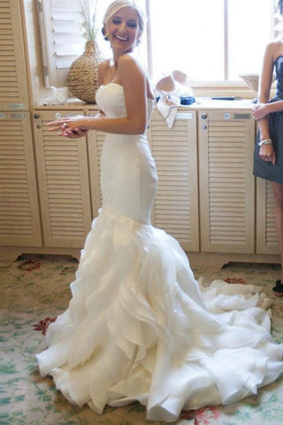 Mermaid Sweetheart Court Train Organza White Strapless Open Back Wedding Dresses