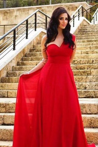 Long Elegant Chiffon A-Line One Shoulder Simple Red Sweetheart Backless Pleat Prom Dresses UK JS315