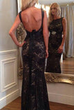 Long Prom Dresses Mermaid Scoop Neck Lace Beading Black Backless Evening Dress JS696