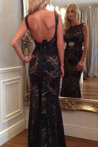 Long Prom Dresses Mermaid Scoop Neck Lace Beading Black Backless Evening Dress JS696