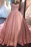 Ball Gown Pink Strapless Appliques Sweetheart Sweep Train Satin Evening Dresses JS775