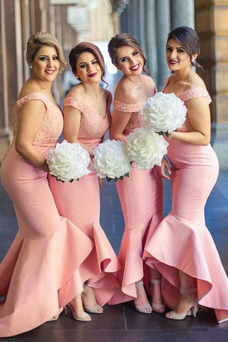 Baby Pink Mermaid Off the Shoulder Hi-Low with Ruffles Sweetheart Lace Top Bridesmaid Dress JS468