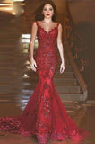 Sexy Burgundy Mermaid V-Neck Sleeveless Floor-Length Appliques Prom Dresses JS283