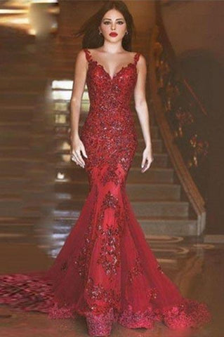 Sexy Burgundy Mermaid V-Neck Sleeveless Floor-Length Appliques Prom Dresses JS283