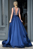 Glamorous A-Line Deep V-Neck Sweep Train Royal Blue Long Beading Prom Dresses JS328