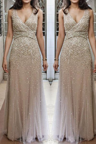 Champagne tulle beads luxury V neck long chiffon evening dresses