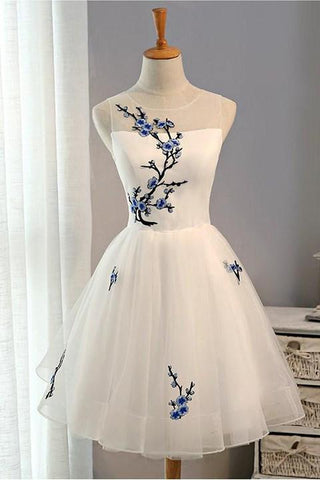 A Line White Embroidery Short Knee-length Tulle Sleeveless Open Back Homecoming Dress JS211