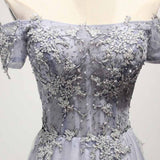 Dusty Blue A-Line Off-the-Shoulder Tulle Lace up Prom Dresses with Appliques Lace JS956