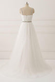 A Line White Spaghetti Straps Tulle Beads Appliques Sweetheart Zipper Prom Dresses JS597