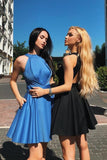 Simple A Line Halter Open Back Satin Blue Short Homecoming Dresses with Pockets JS945