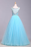 Ball Gown Blue Scoop Sequins Organza Long Prom Dresses Elegant Party Dresses JS165