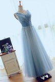 A-line V-neck Floor-length Tulle with Beading Prom Dresses Evening Dresses JS550